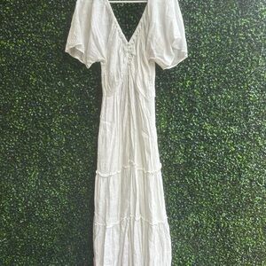 Anthropologie Cream Tiered Maxi Dress with Puff Sleeves